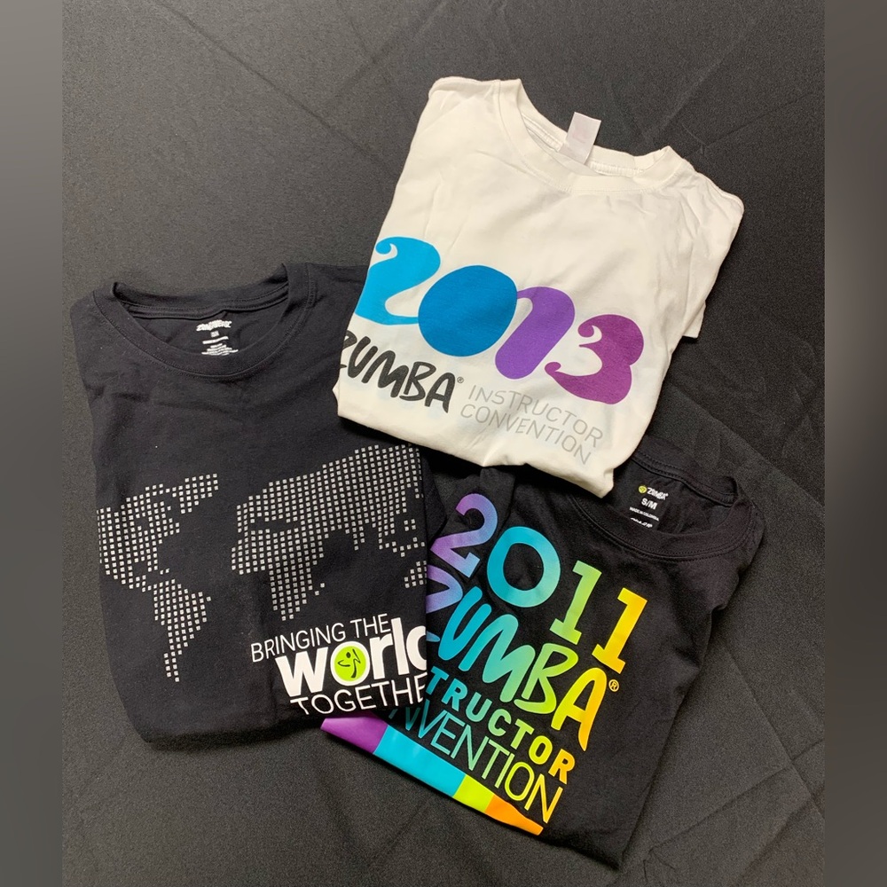 Zumba Wear Convention 3 T-Shirts:2009, 2011, 2013 White:size XS, Blacks:Size S/M